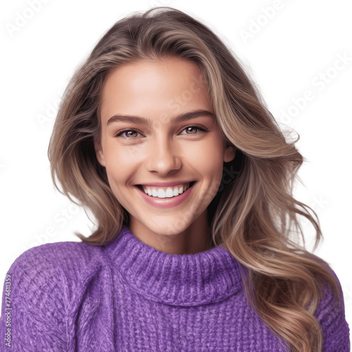 portrait of a smiling woman in purple sweater isolated on transparent background