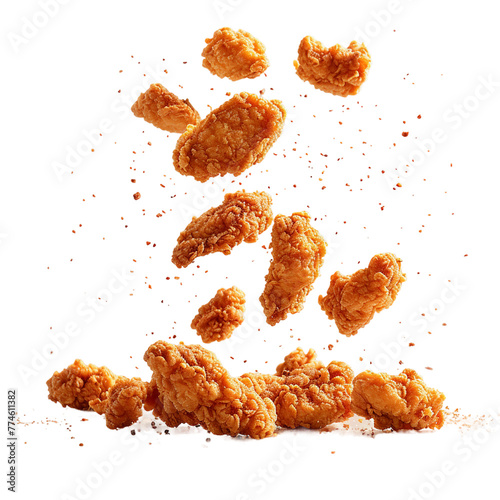 Fried chicken nuggets with crumbs falling. 