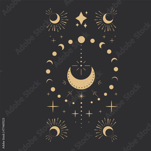 Gold moon with rays celestial tattoo or tarot astrology magic element, stars, burst minimal line border or decoration isolated on dark background. Space symbols, emblem.