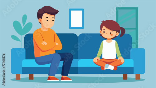 A parent and child sitting on opposite sides of a couch with the parent using open body language and positive reinforcement techniques to