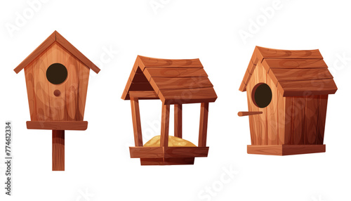 Set wooden bird feeder and bird house with roof, hole and seeds isolated on white background. Hanging construction, bird care.