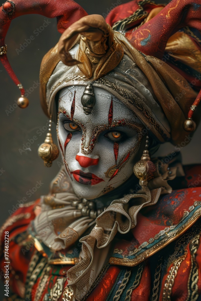 portrait of a colorful medieval jester character in a very detailed costume