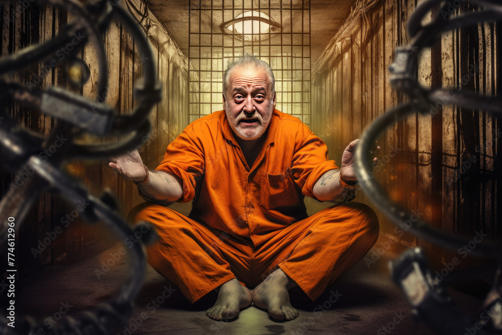 Business corrupt oldman prisoner in orange uniform holds hands on metal bars, looking at camera. Standing, sitting behind prison bars.	
