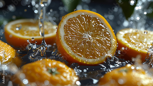   Oranges sliced and placed on table with water droplets