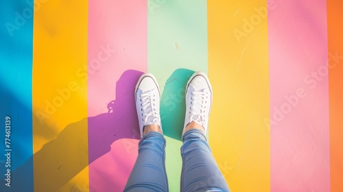 Colorful rainbow floor with woman's legs and shoes. Color block leggings and sneakers. Fun Studio photo of summer. 