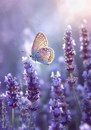Violet heather flowers and a butterfly in soft-focus sunlight offer a gentle, artistic spring scene. Made with generative AI technology. © Fuljan