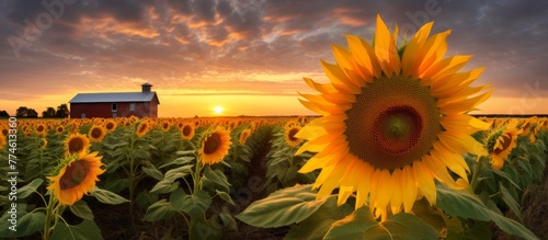 A beautiful field of sunflowers with a charming barn visible in the distant background #774613360