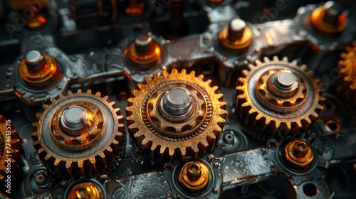  A close-up of two metallic gears atop a piece of machinery