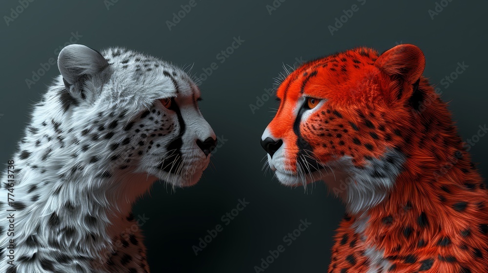 Naklejka premium Red-white cheetah vs Black-white cheetah on dark background