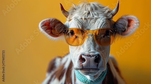   Close-up of a cow wearing sunglasses and a bandana on its head photo