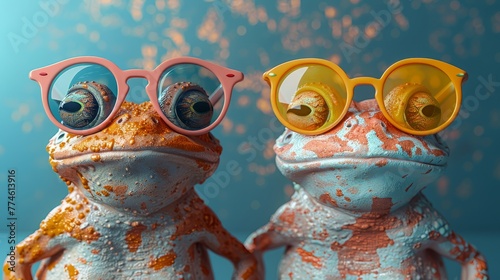   A pair of frogs sitting together against a blue backdrop with orange and yellow dots