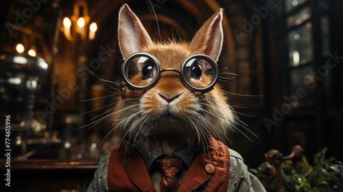 Whimsical Portrait of a Cat in Spectacles and Vintage Clothing