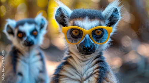  Close-up of two small animals in yellow goggles, one identified as a Ring Tailed Lemurian