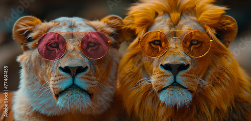   A pair of lions wearing sunglasses atop one another s faces amidst a gathering of spectators