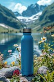 Reusable Metal Water Bottle in Nature, Outdoor Lifestyle Marketing Concept, Environmental Advertising for Beverage Container Brand, Landscape Backdrop, Camping Backdrop, Drink Wallpaper