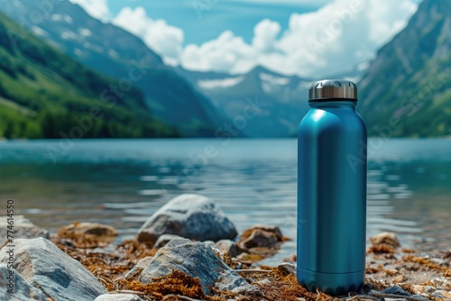 Reusable Blue Aluminium Water Bottle in Nature, Outdoor Lifestyle Marketing Concept, Environmental Advertising No Label Beverage Container Brand, Landscape Backdrop, Camping Backdrop, Drink Wallpaper