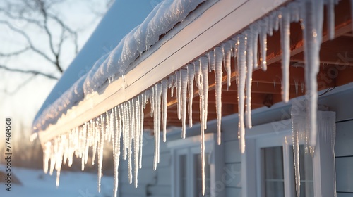 Icicles hanging from the roof of a wooden house in winter © Shipons Creative