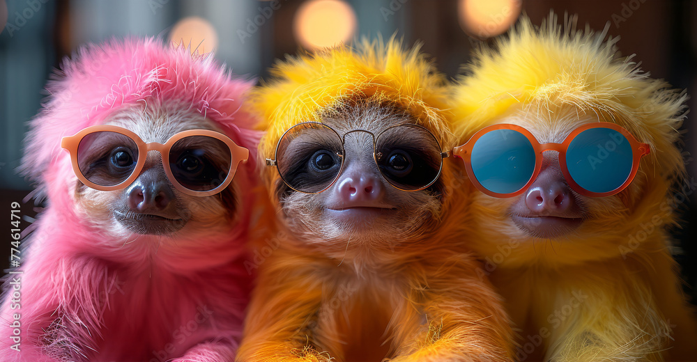   Three baby monkeys in colorful clothing and round sunglasses sit together in front of a mirror