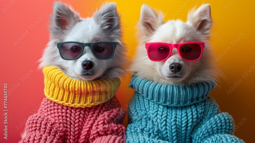   Two dogs in sweaters and sunglasses sit side-by-side on a vibrant background of yellow, pink, orange, and pink