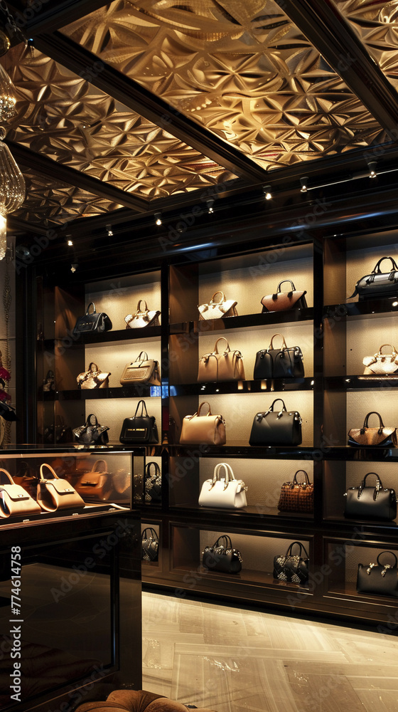 An upscale boutique elegantly displays luxury handbags within a sophisticated interior design.