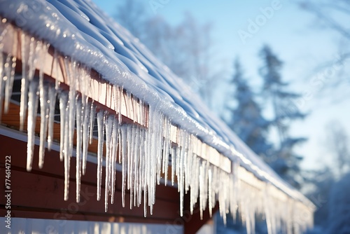 Icicles hanging from the roof of a wooden house in winter