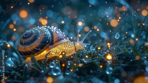   A detailed picture of a snail amidst lush grass, with droplets of rain falling onto the blades, and a slightly out-of-focus backdrop