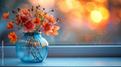   Orange flowers in a vase on a window sill, bathed in sunlight