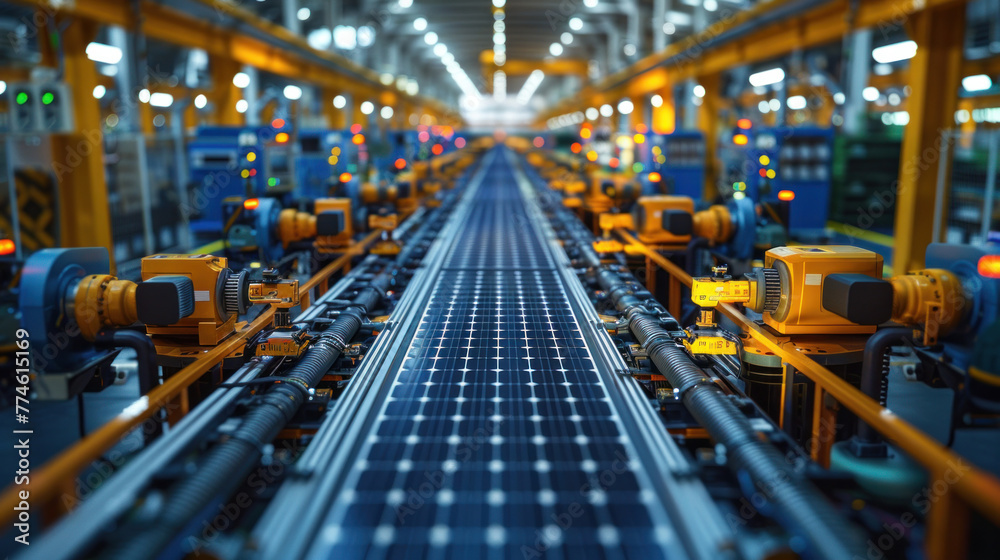 Fototapeta premium A factory floor with rows of solar panels being manufactured by machines and workers.