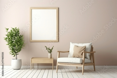 Visualize the simplicity of a single sofa in beige and Scandinavian style, with a white blank empty frame for copy text, against a soft color wall background.