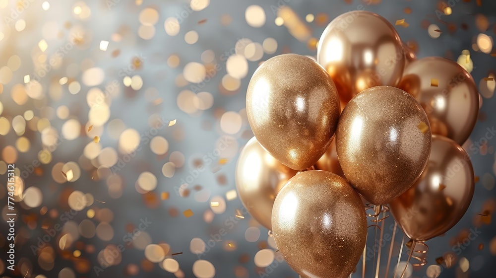 A group of golden balloons is in front of a hazy backdrop of gold confetti and confetti twigs A group of golden balloons is in front of a hazy backdrop of gold confetti and confetti twigs