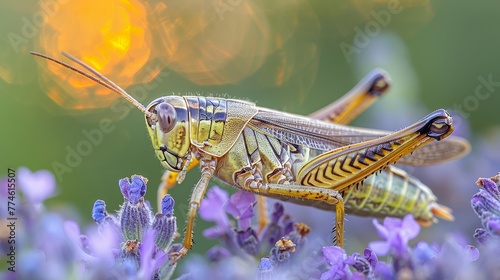  a grasshopper perched on a purple flower against a focused background of yellow and purple blossoms