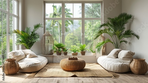  A cozy living room filled with lush plants on the windowsill and plush pillows scattered across the floor
