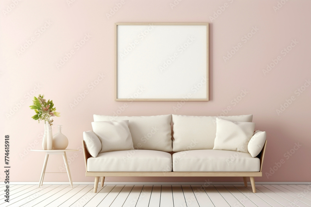 Visualize the harmony of a single beige and Scandinavian sofa paired with a white blank empty frame for copy text, against a soft color wall background.