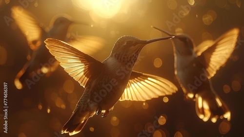  A close-up of hummingbirds flying in the air, surrounded by other hummingbirds, with the sun shining behind them