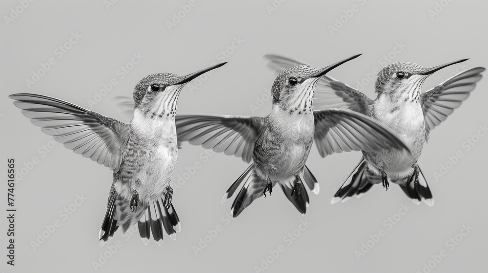 Fototapeta premium A B&W photo of three hummingbirds flying, wings extended, beaks open