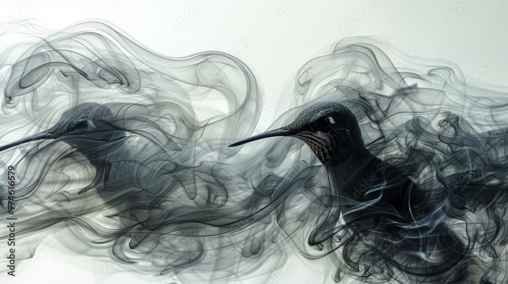   A monochrome image of a bird emitting smoke from its beak and rear