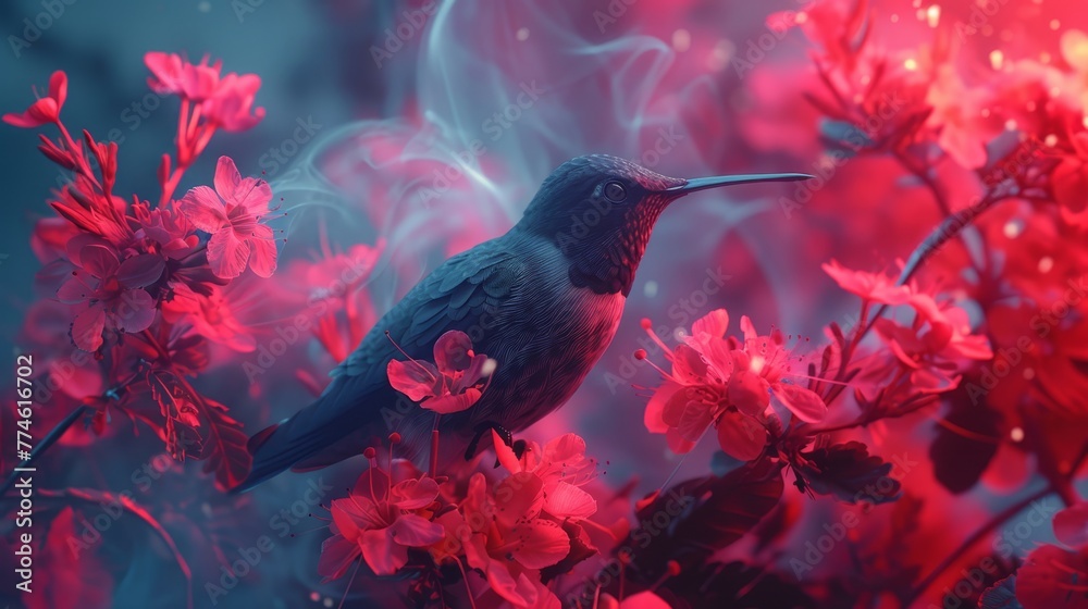 Fototapeta premium A bird perched on a tree branch with red blossoms in the foreground and a clear blue sky as the backdrop