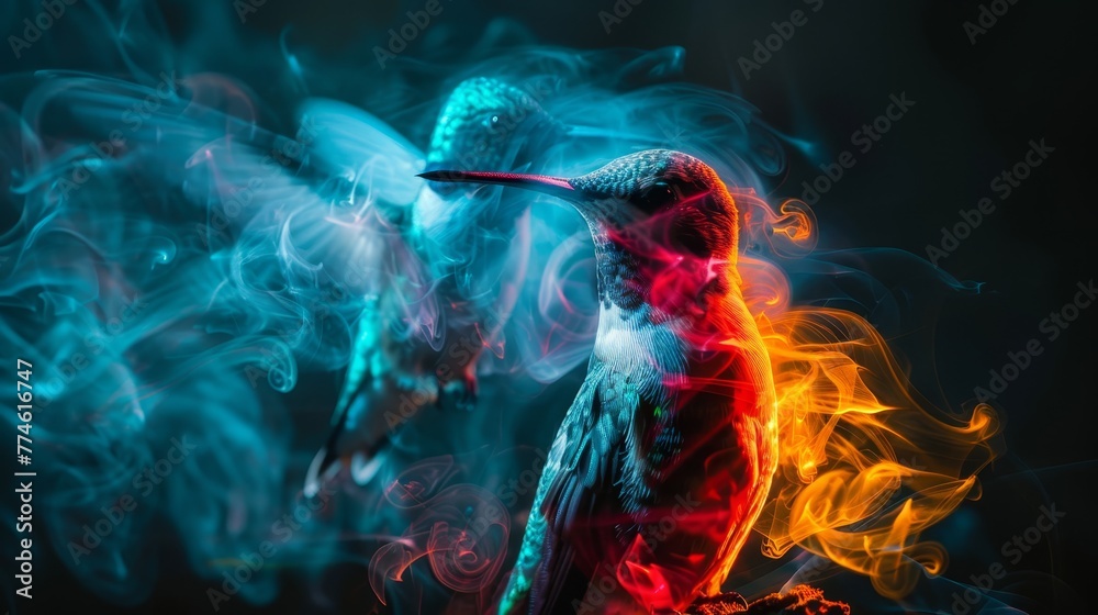   A colorful hummingbird perched atop a tree branch with blue-red smoke billowing from its beak - obrazy, fototapety, plakaty 