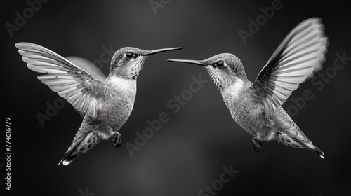   Black-and-white image of two hummingbirds in close proximity, mouths open as they touch their bills together photo