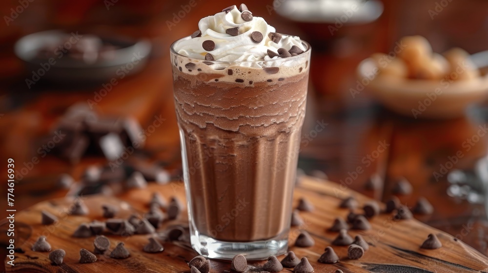 Wooden board featuring a chocolate milkshake glass with whipped cream & chips Wooden board featuring a chocolate milkshake glass with whipped cream & chips