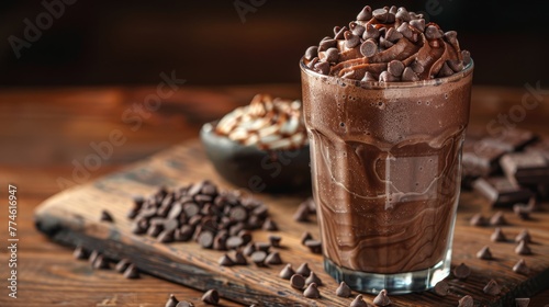   A towering glass filled with chocolaty milkshake, sprinkled with chocolate chips, rests on a wooden board beside a mound of whipped cream photo