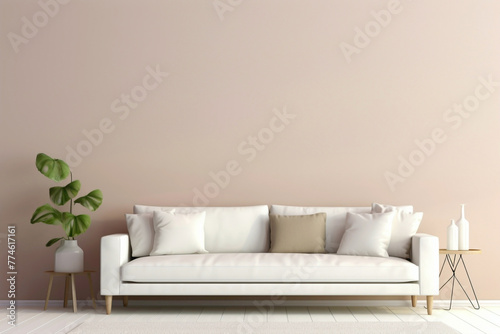 Visualize the elegance of a beige and Scandinavian sofa positioned beside a white blank empty frame for copy text, against a soft color wall background. © ASMAT
