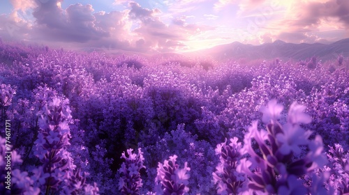  A field filled with purple flowers under the sun shining through cloudy skies in the distance, with mountains in view