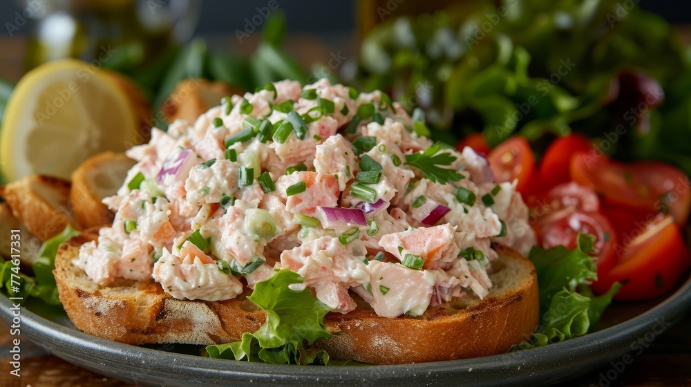 Close-up of a sandwich on a plate, featuring lettuce, tomatoes, and additional food Close-up of a sandwich on a plate, featuring lettuce, tomatoes, and additional food
