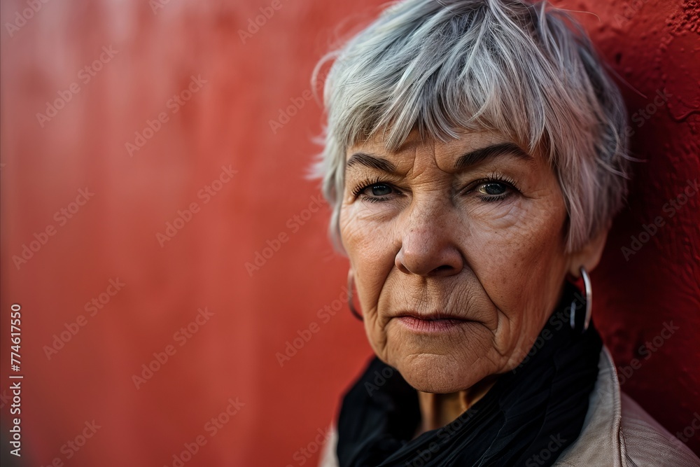 Portrait of an elderly woman in front of a red wall.