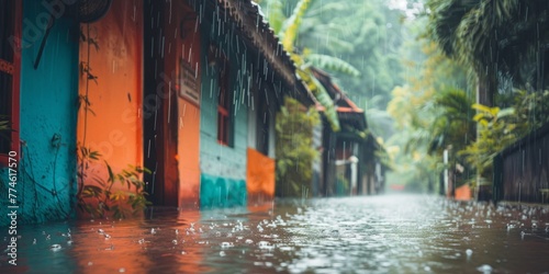A street in a village flooded with water, surrounding colorful houses photo