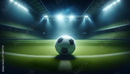 a soccer ball or football on a green lush field in an empty soccer stadium. UK football. Dramatic lighting. Turf. Footy.