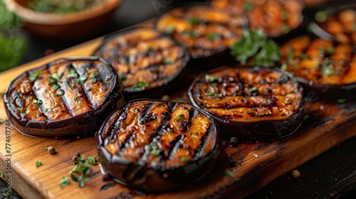  Wooden cutting board with eggplant and bowl of herbs next to it