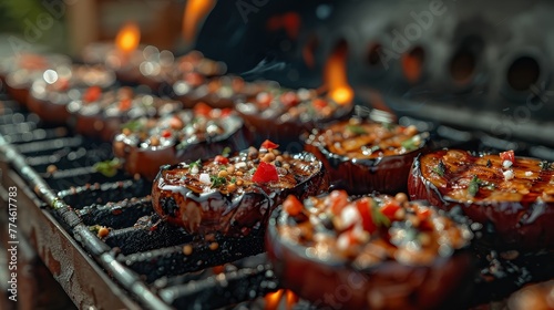  A close-up grill image showing food on its grates and flames in the backdrop