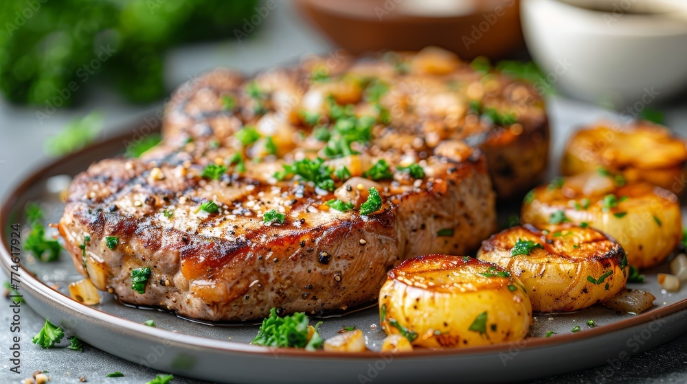 Steak, potatoes, and broccoli on a plate Steak, potatoes, and broccoli on a plate